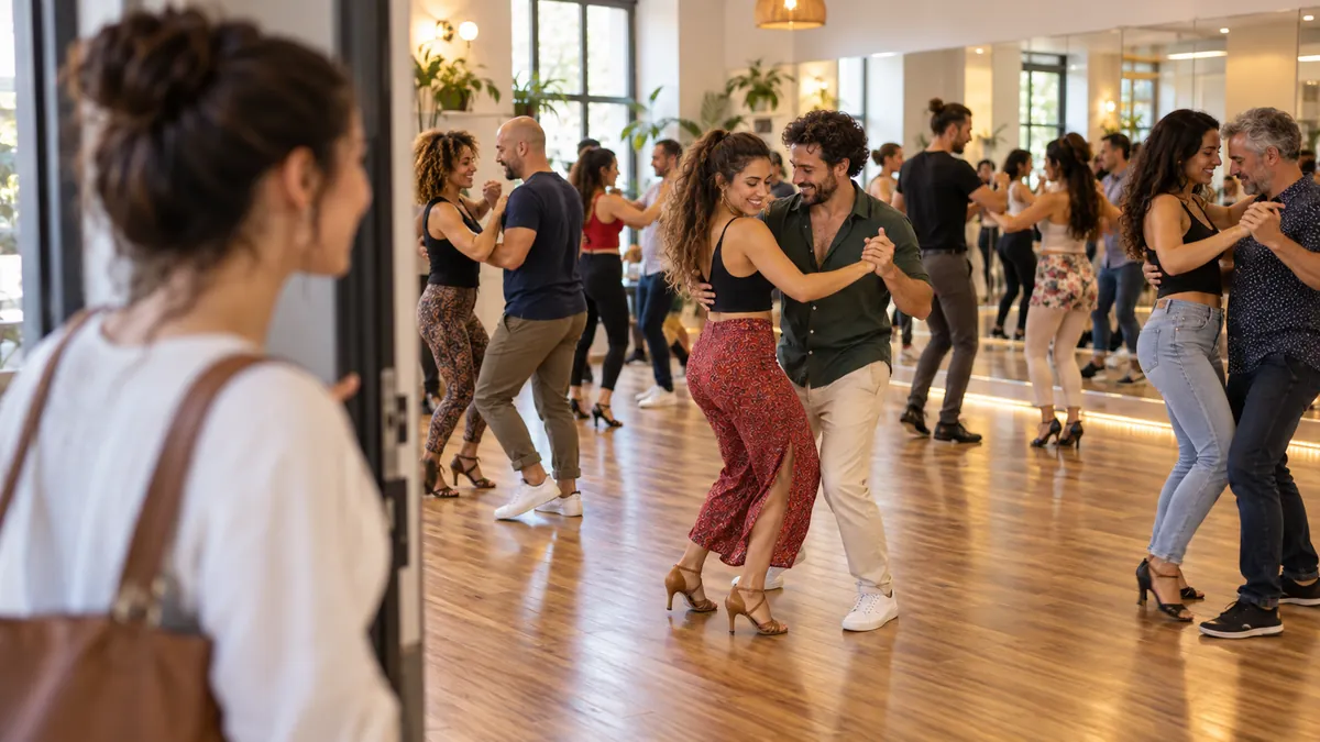 Una alumna nueva mira desde la puerta una clase de baile en parejas llena de alumnos