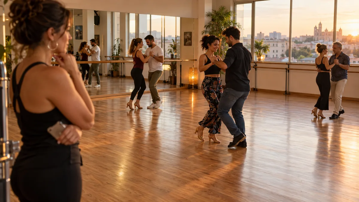 Clase de salsa en una academia de baile con varios huecos libres en la sala
