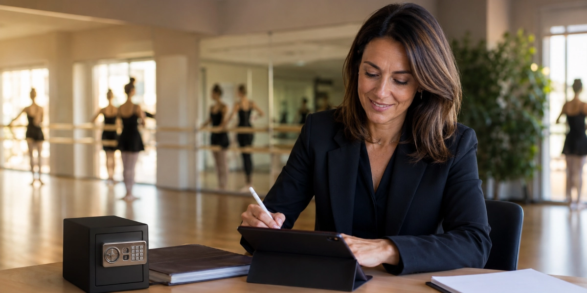 Directora de academia de baile usando software de gestión con clases de ballet al fondo